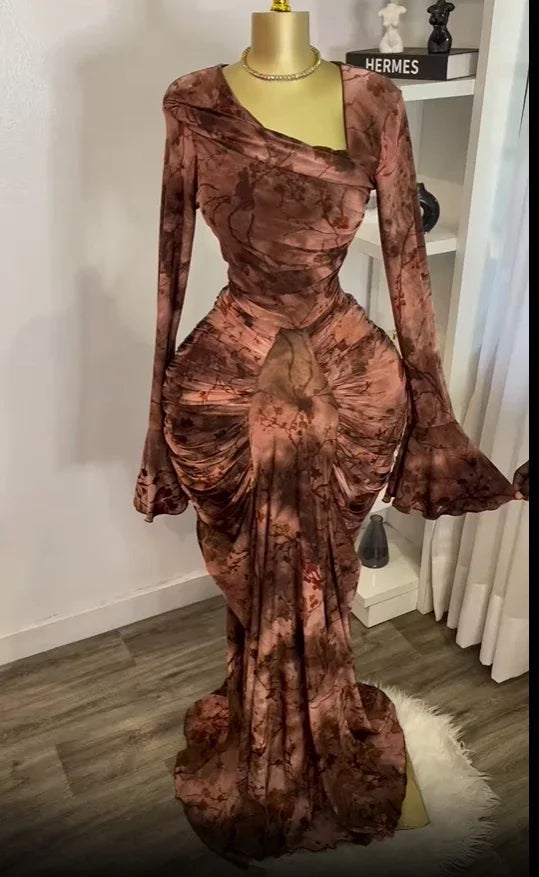 Tie-Dye Skew Neck Flare Sleeve Maxi Dress
