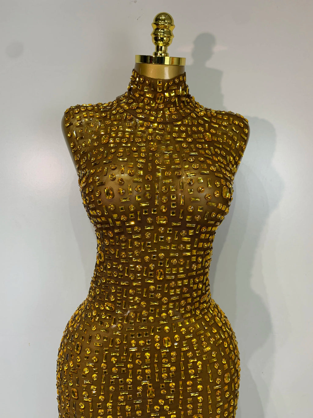 Sparkly Gold Rhinestone Sleeveless Mesh Long Dress
