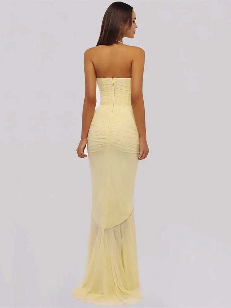 Mesh Deep V-Neck Halter Maxi Dress