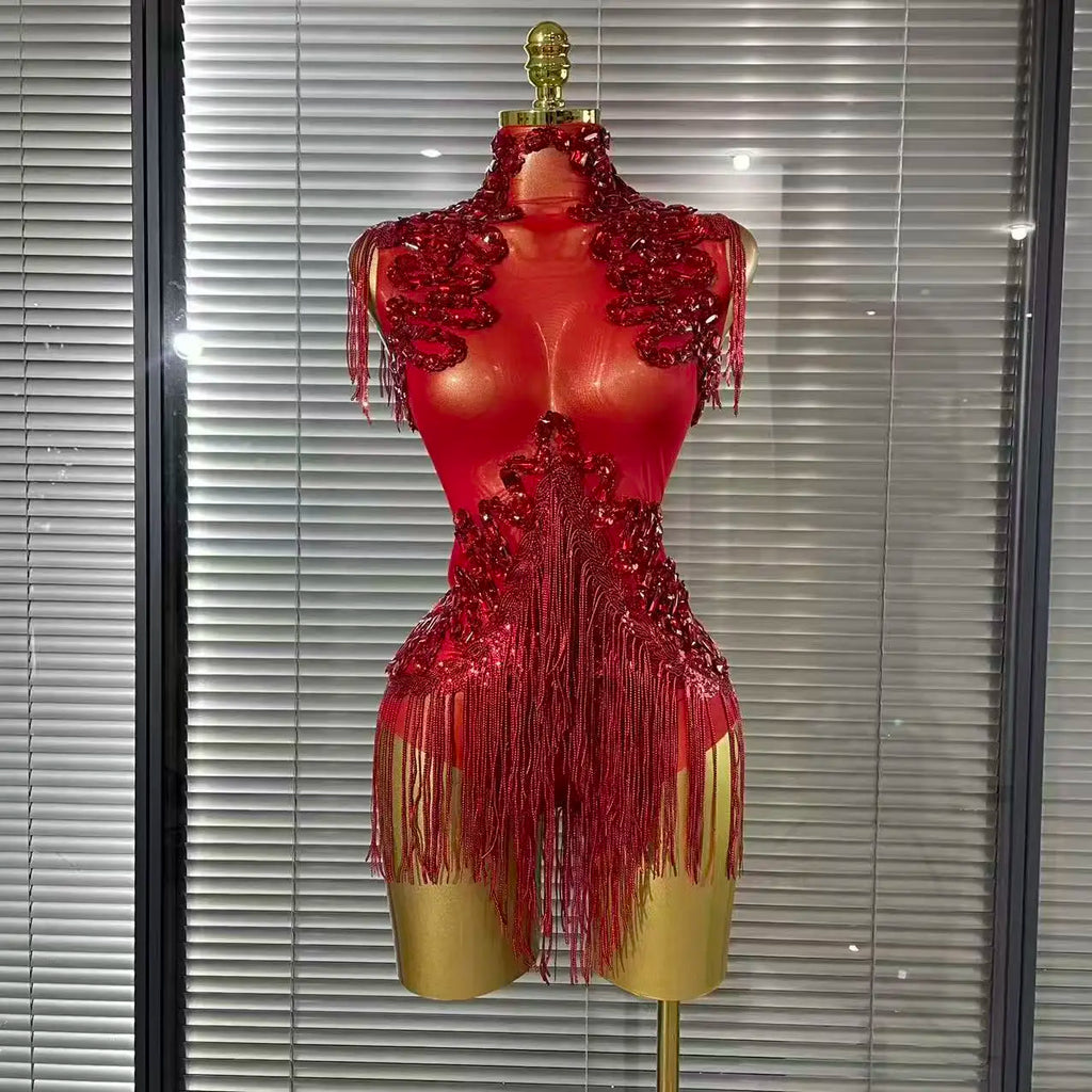 Shining Rhinestone Sequin Tassel Mesh Bodysuit – Sexy Party & Stagewear