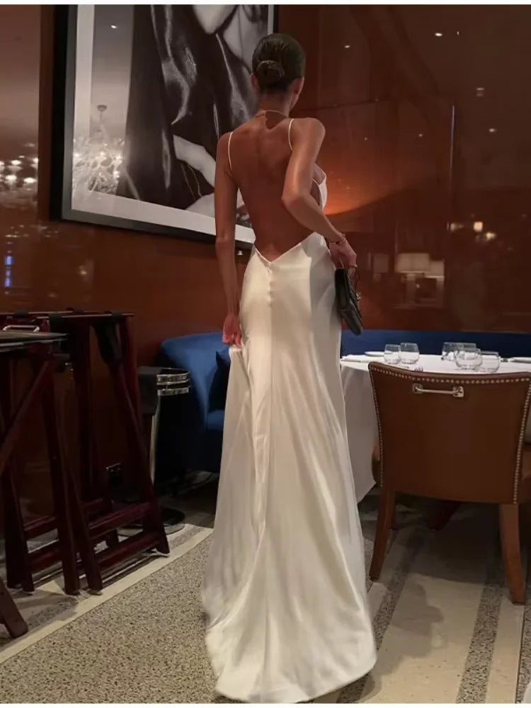 White Satin Backless Slit Maxi Dress