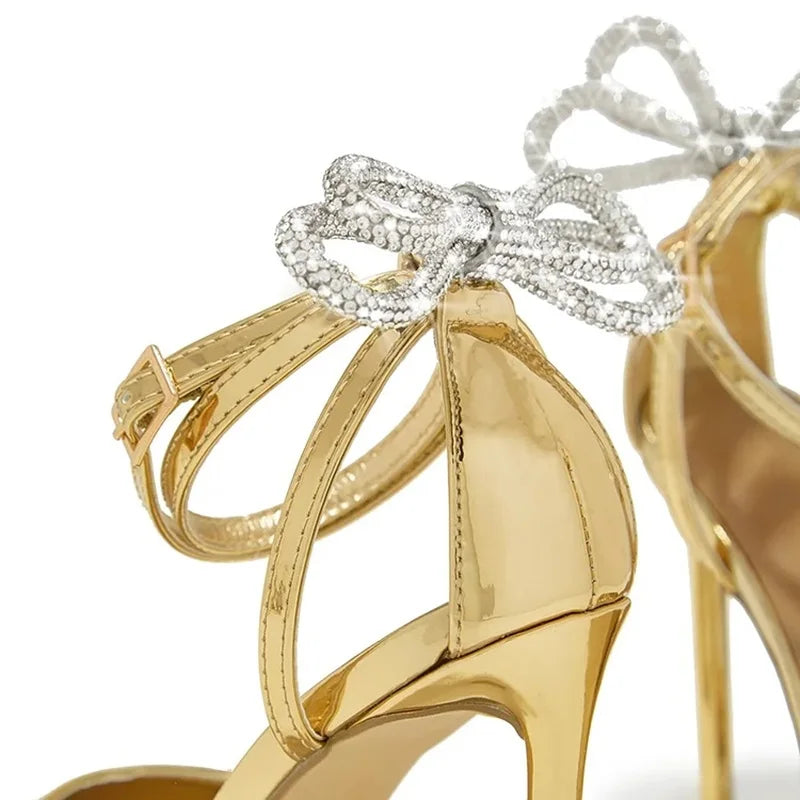 Gold Metallic Leather Pointed-Toe Heels – Crystal Bow Ankle Strap Pumps
