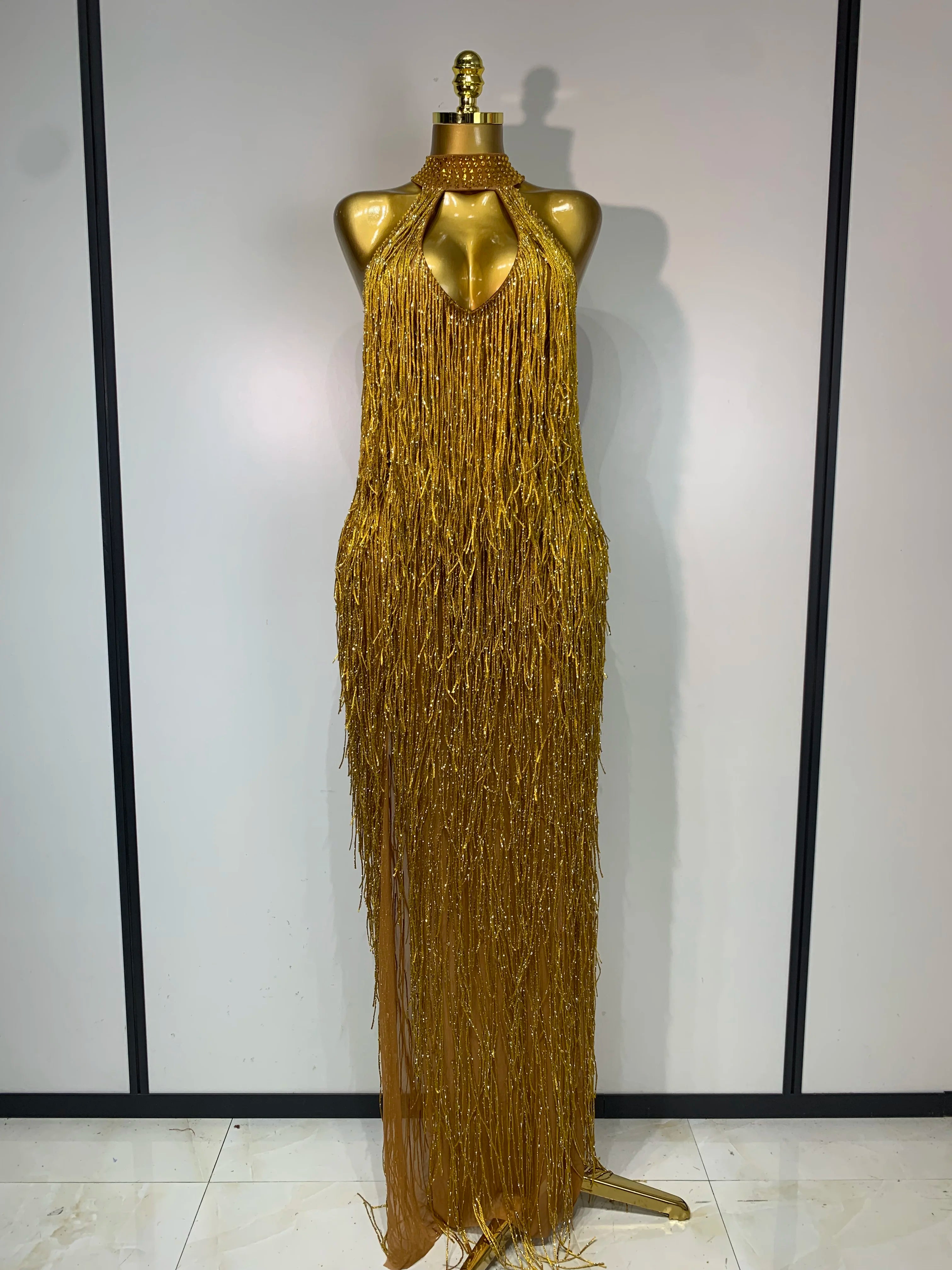 Sexy Gold Crystal Tassel Evening Prom Gown