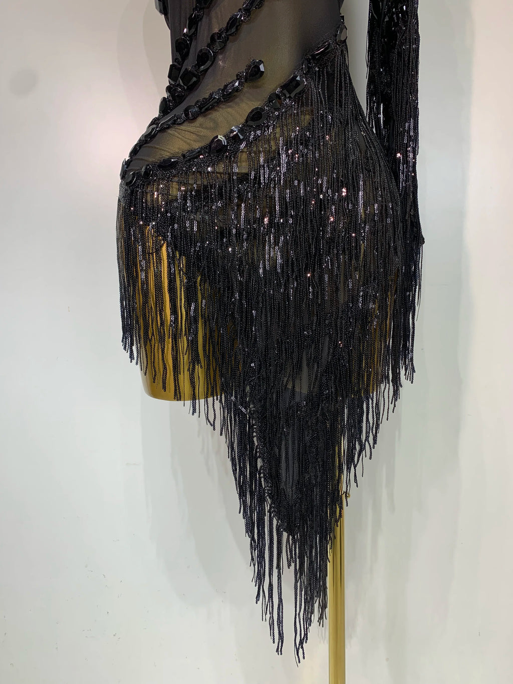 Sparkly One-Shoulder Rhinestone Tassel Mesh Dress