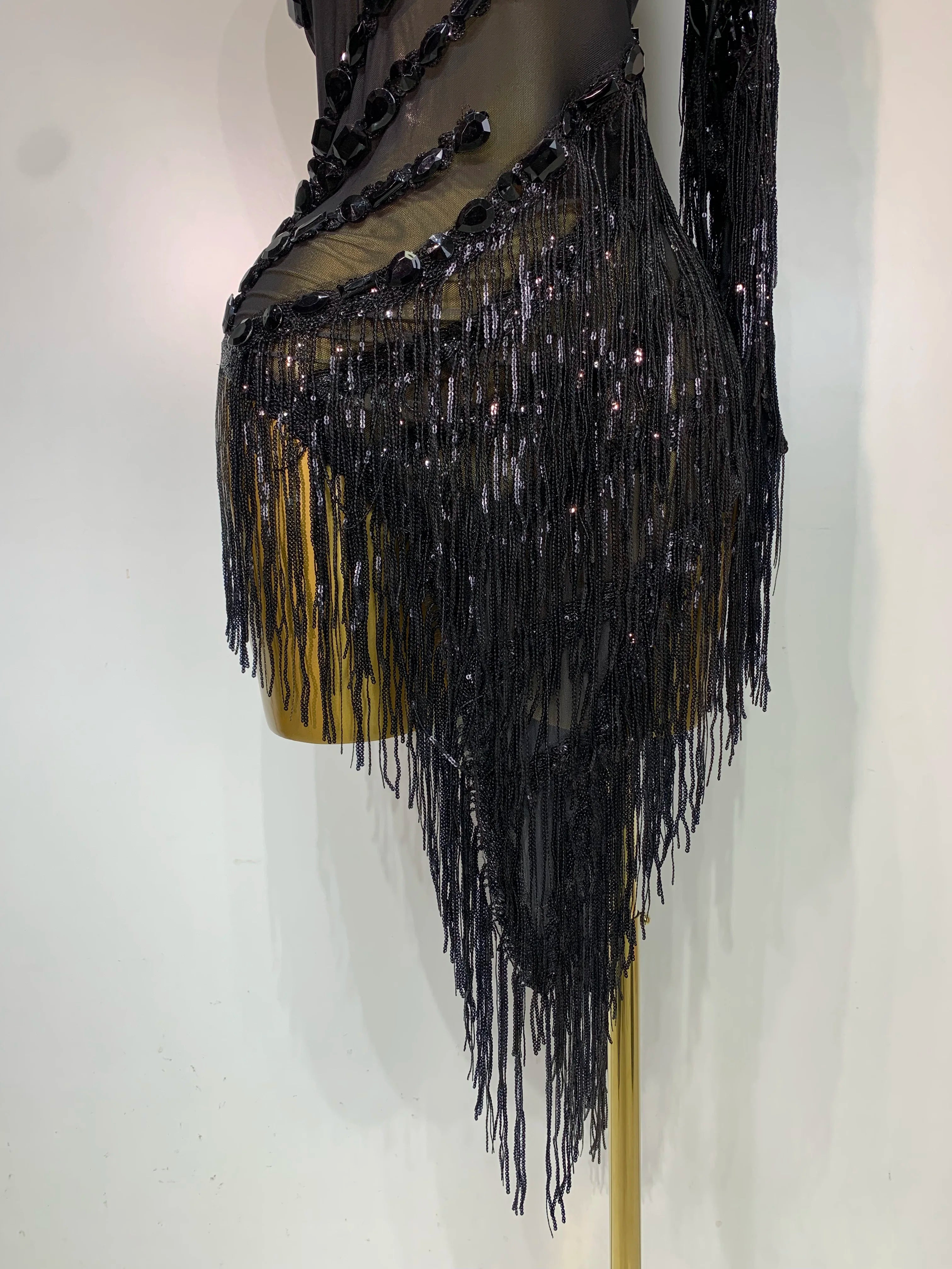 Sparkly One-Shoulder Rhinestone Tassel Mesh Dress