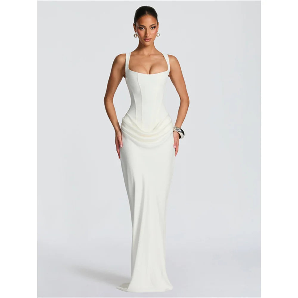 Square Neck Pleated Fishtail Maxi Dress