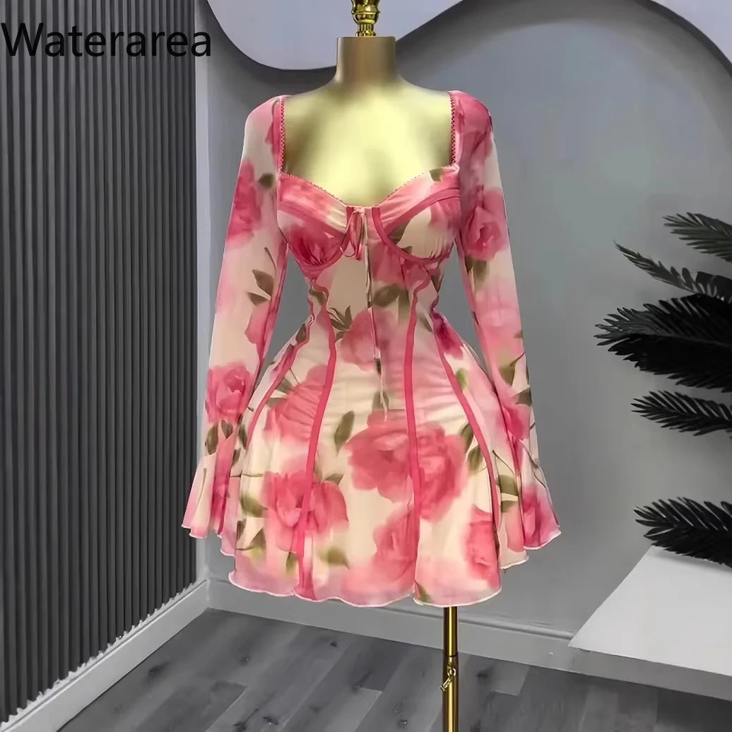 Floral Flare Sleeve Plunging V-Neck Dress