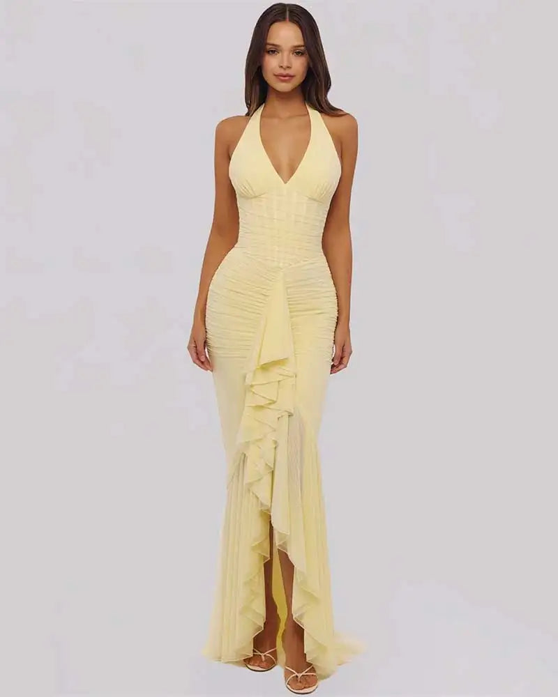 Mesh Deep V-Neck Halter Maxi Dress