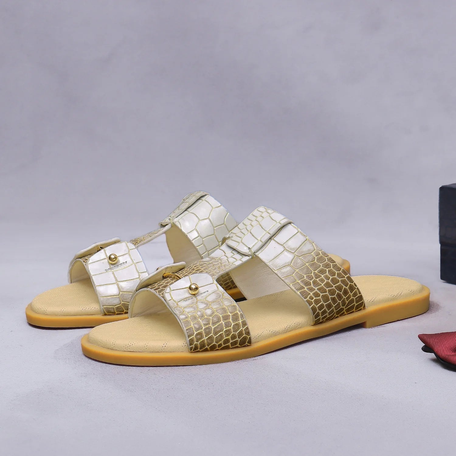 Gradient Croc-Print Leather Slide Sandals – Summer Style