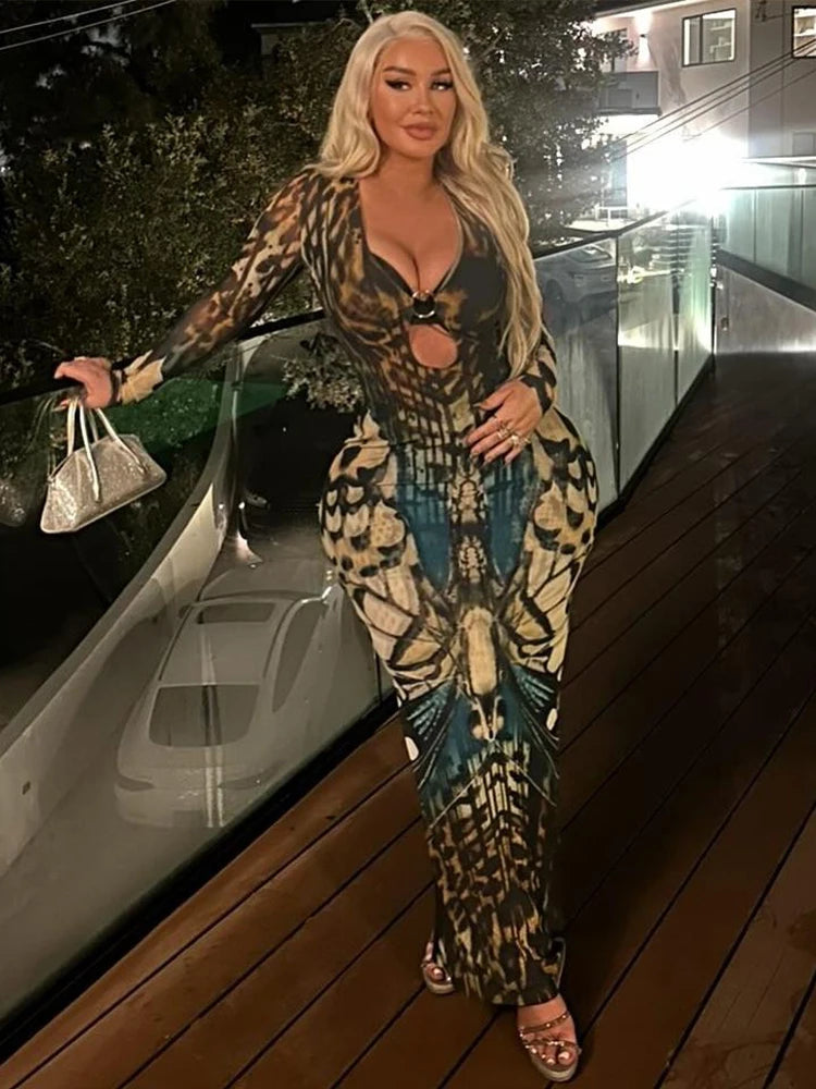 Butterfly Print See-Through Bodycon Dress