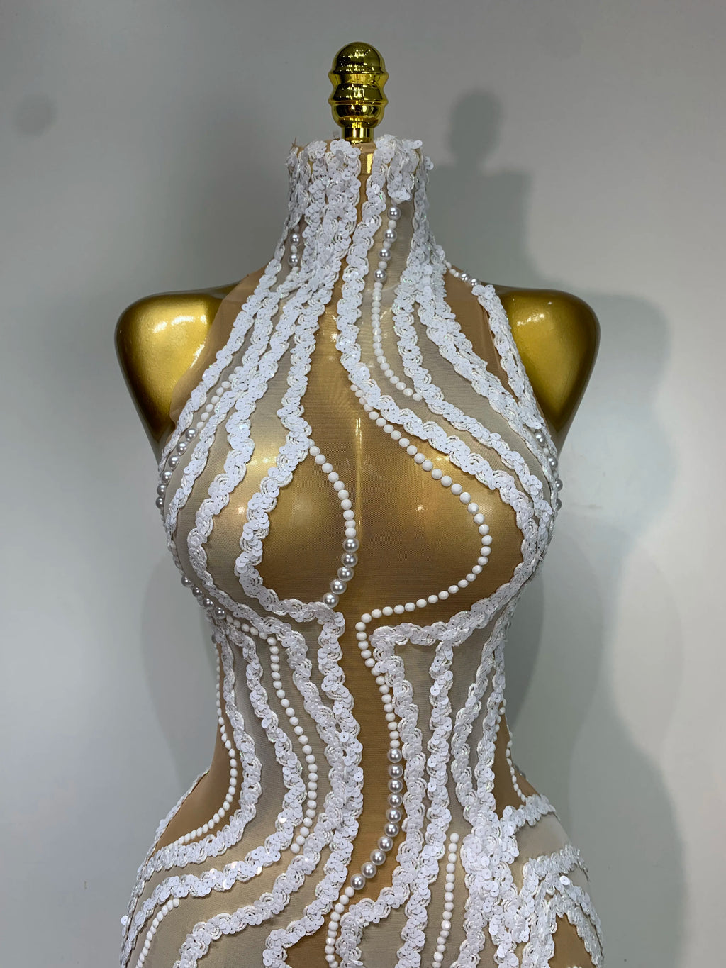 Luxury Pearl & Sequins Transparent Long Dress