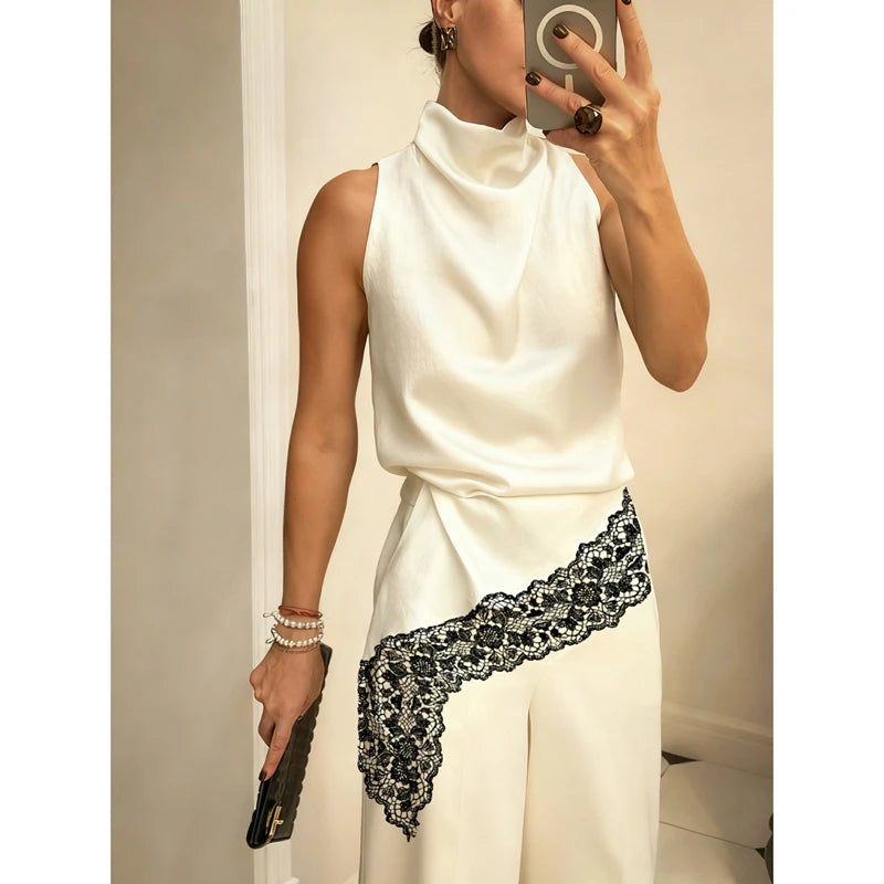Lace Trim Satin High Low Vest Top