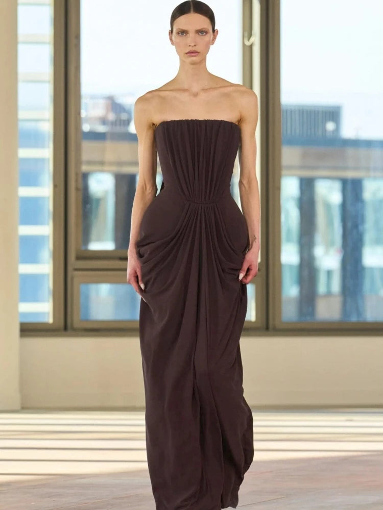 Sexy Strapless Ruched Brown Maxi Dress