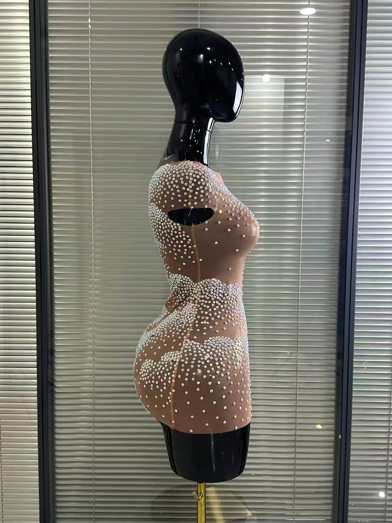 Sparkly Rhinestone Sheer Off-Shoulder Bodycon Mini Dress – Party & Stagewear