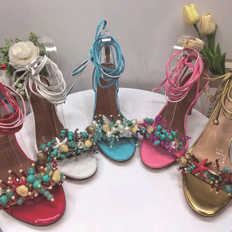 Starfish & Pearl Beaded Lace-Up Sandals
