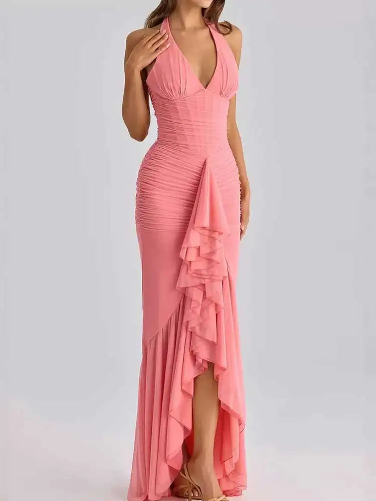 Mesh Deep V-Neck Halter Maxi Dress