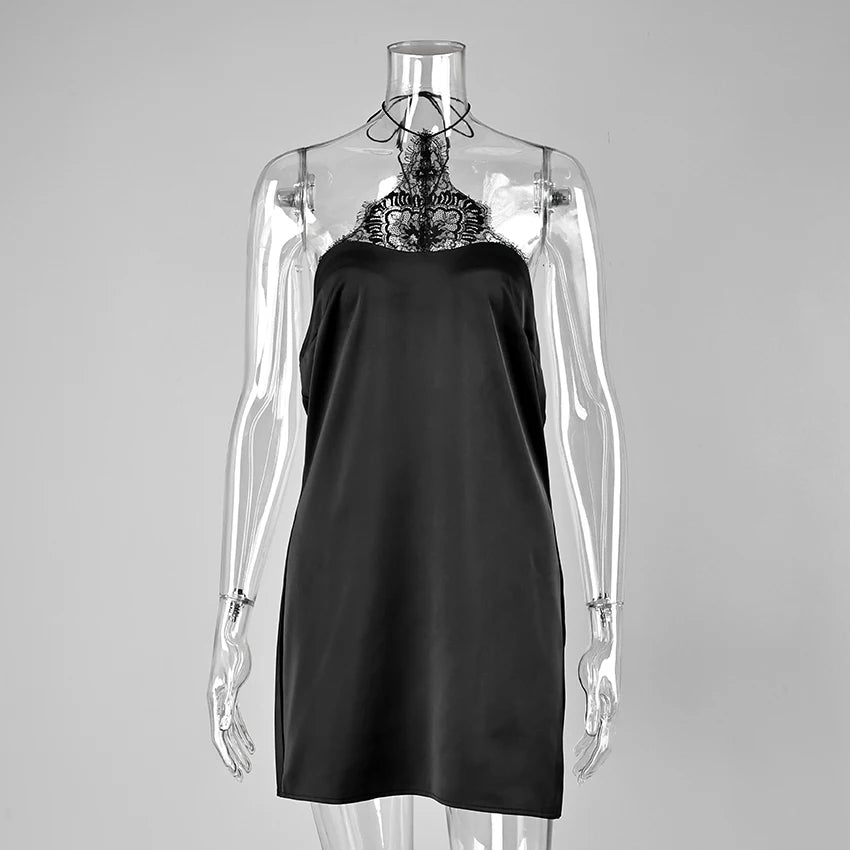 Black Satin Lace Halter Mini Dress