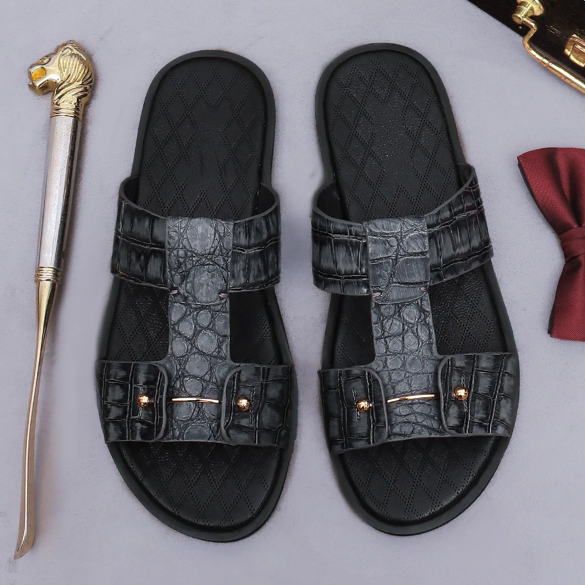 Luxury Men’s Crocodile-Print Leather Sandals
