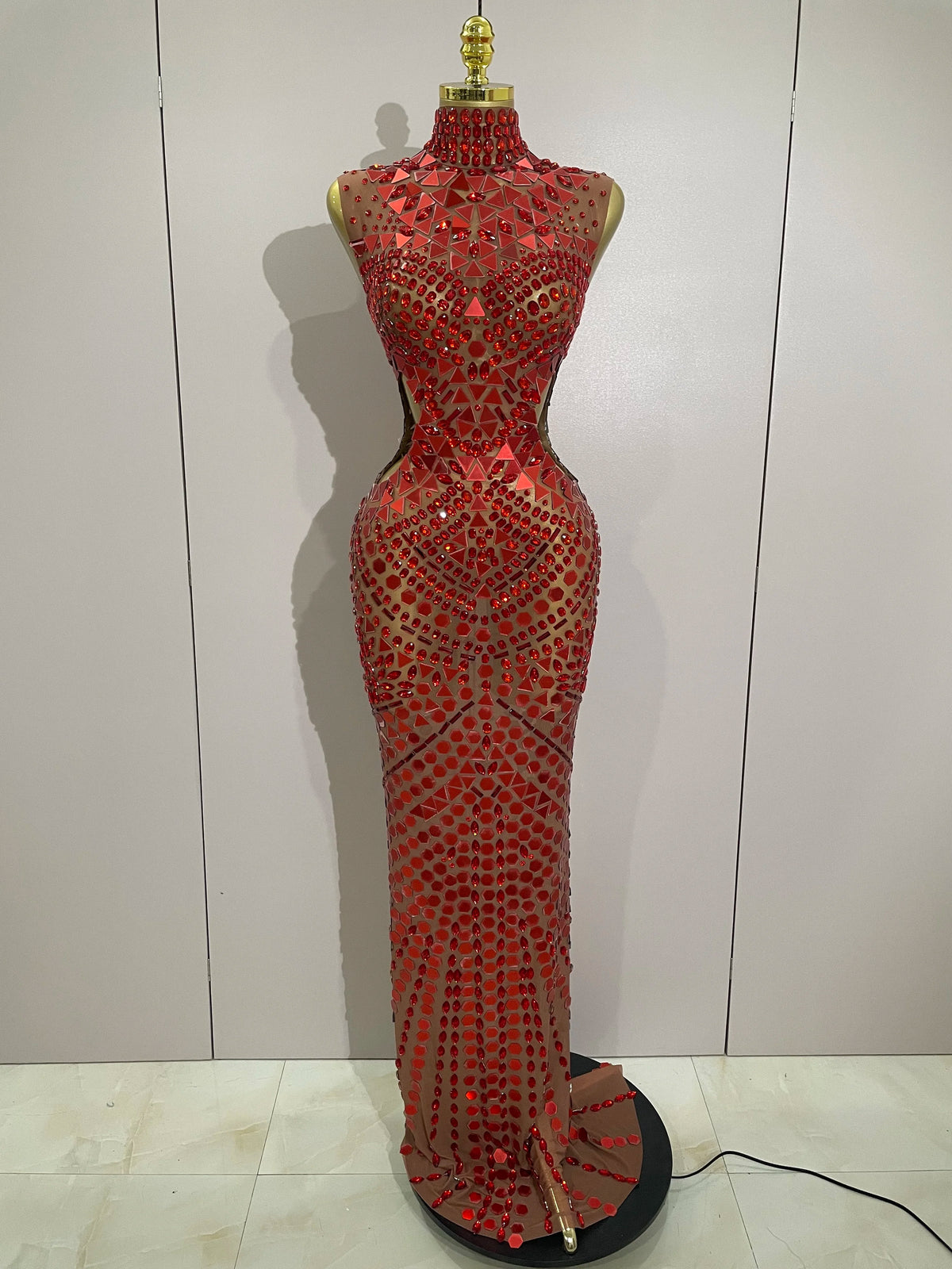 Luxury Rhinestone Mirror Hollow-Out Long Dress – Women’s Evening & Prom Gown