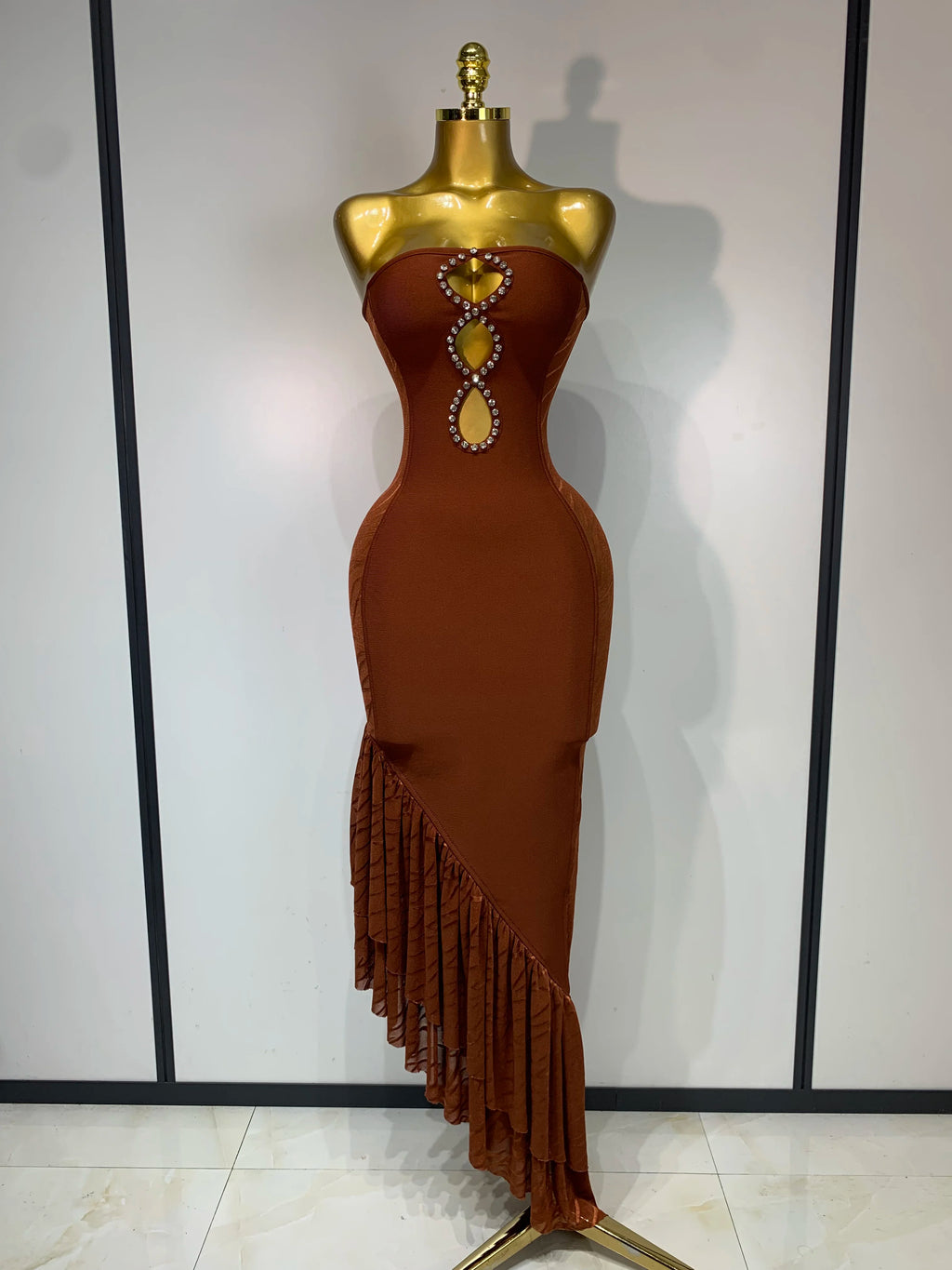 Strapless Sparkly Rhinestone Cut-Out Bandage Dress