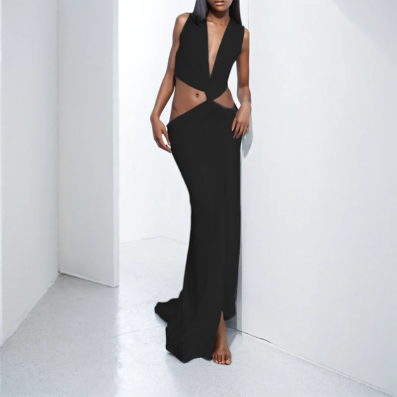 Hollow Out Split V-Neck Midi Dress