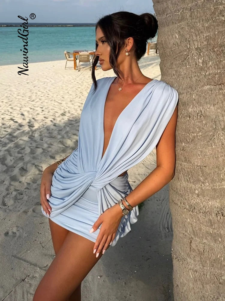 V-Neck Ruched Beach Mini Dress