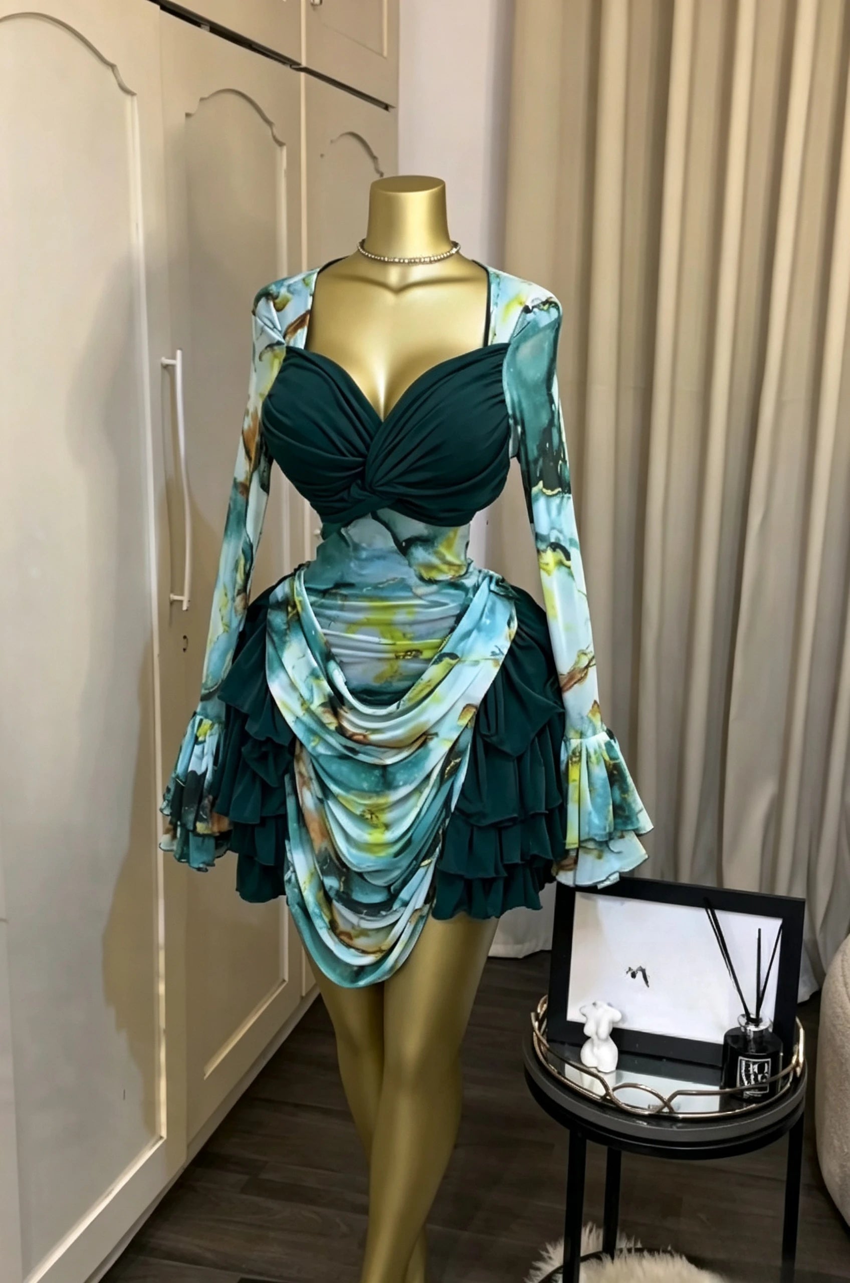 Tie-Dye Bell Sleeve Cascading Ruffle Dress
