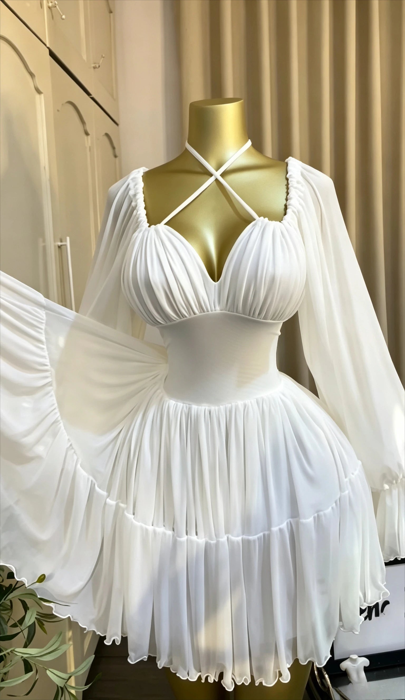 Halter Mesh Flare Sleeve Mini Dress