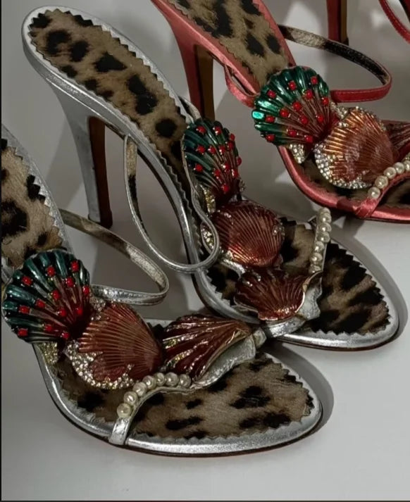 Leopard Pearl Shell Double Strap Sandals