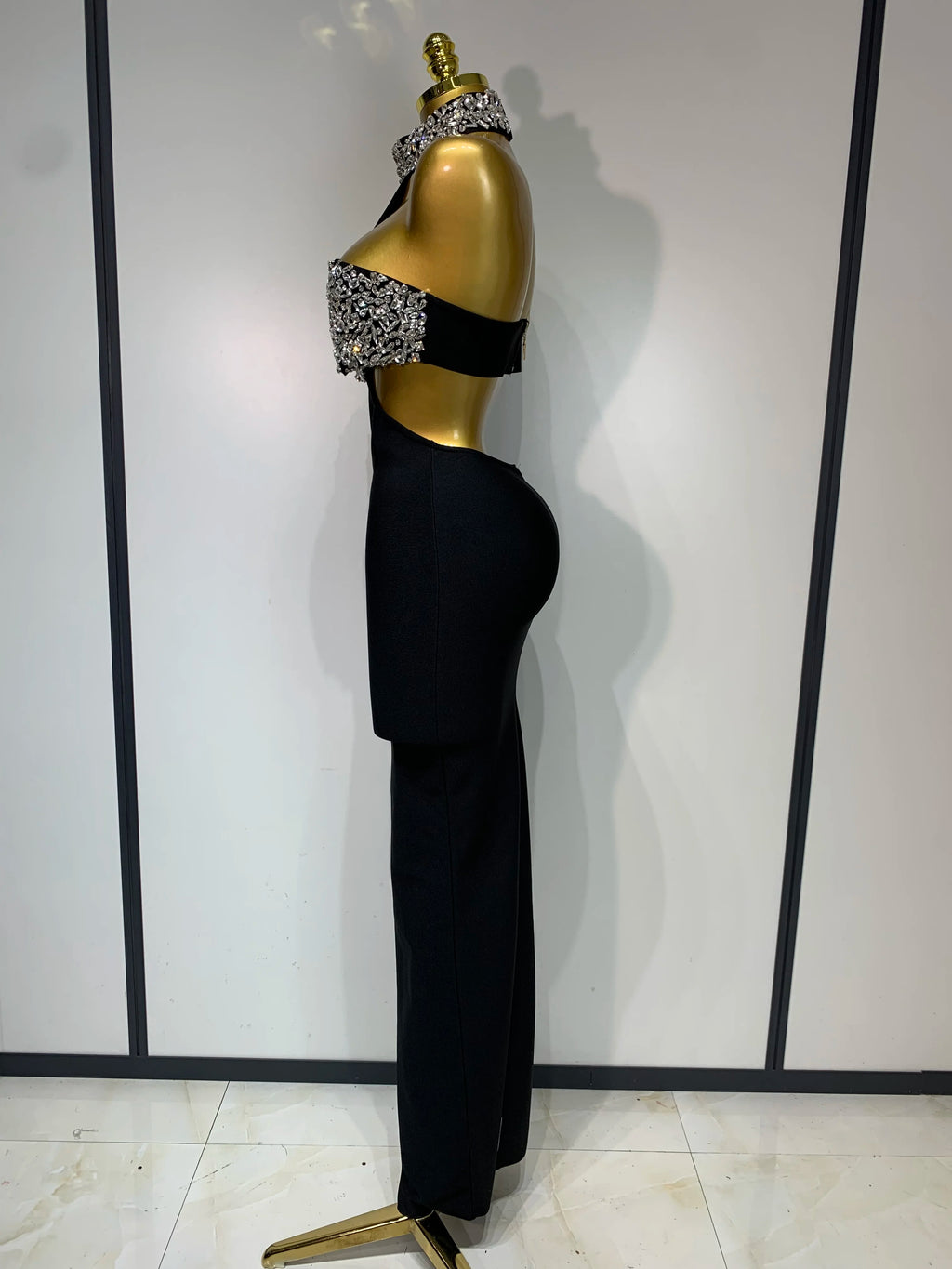 Backless Sparkly Crystal Black Bandage Dress