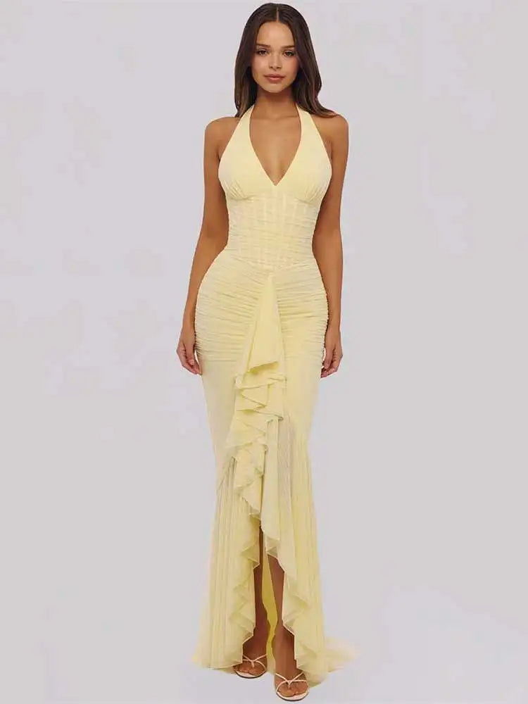 Mesh Deep V-Neck Halter Maxi Dress
