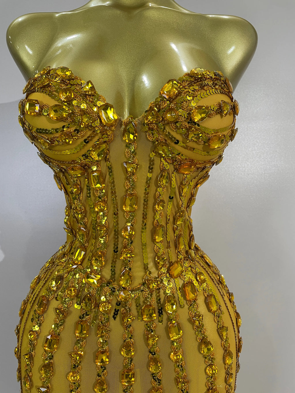 Elegant Gold Strapless Rhinestone Sheer Long Dress – Sexy Evening & Stagewear
