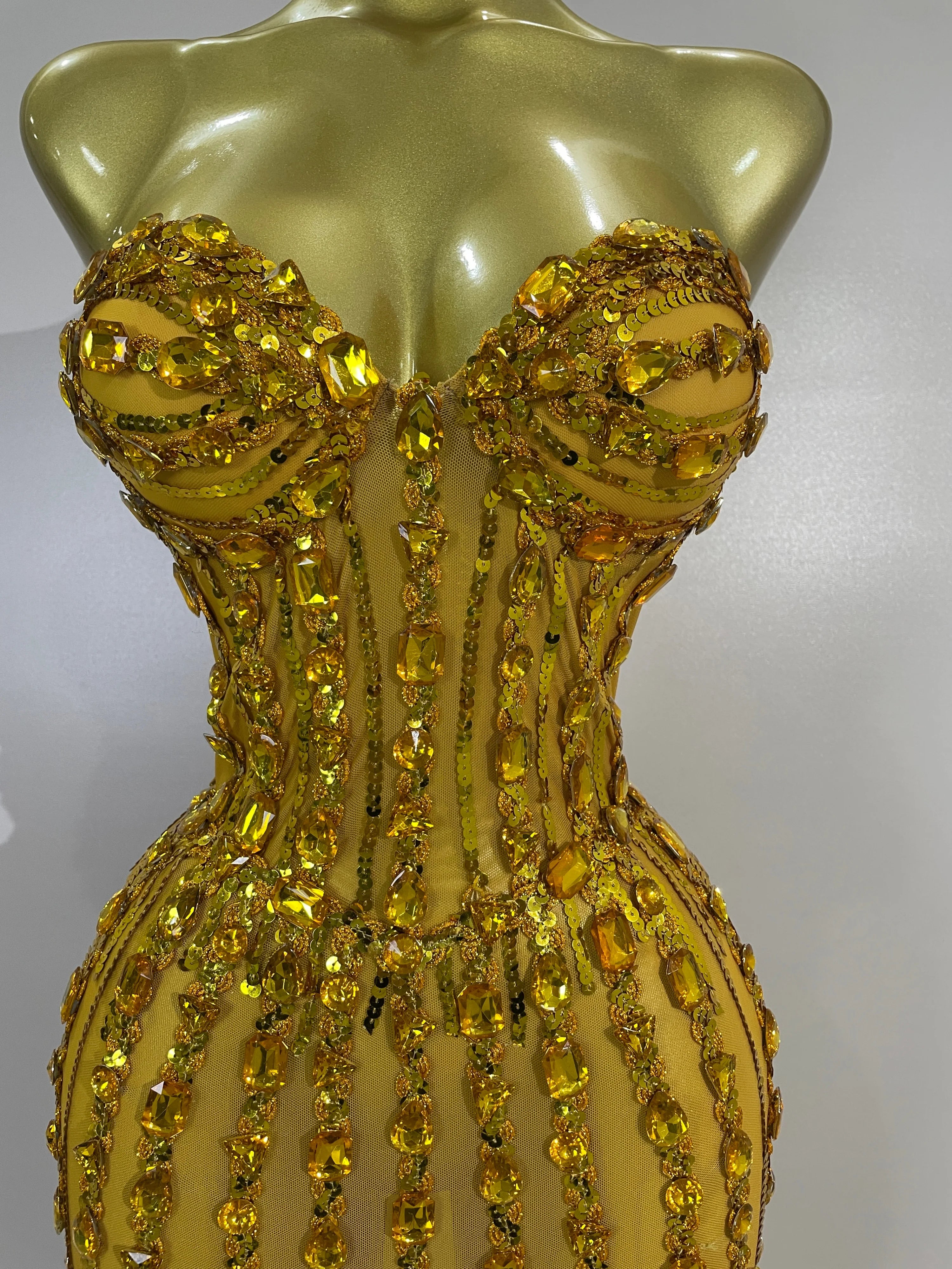Elegant Gold Strapless Rhinestone Sheer Long Dress – Sexy Evening & Stagewear