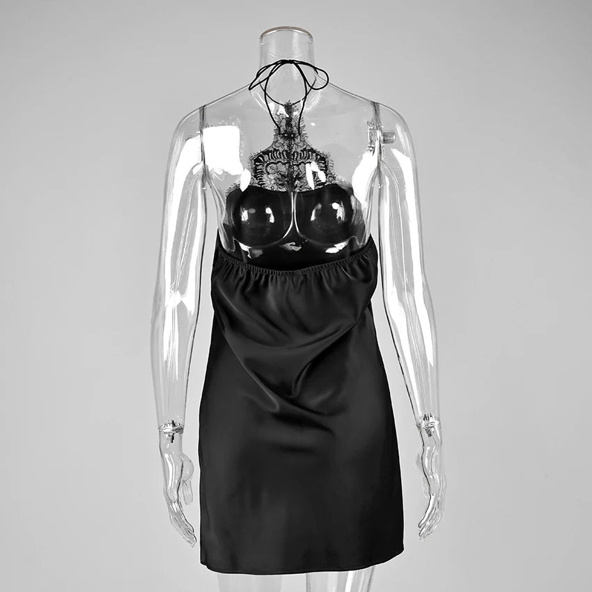 Black Satin Lace Halter Mini Dress