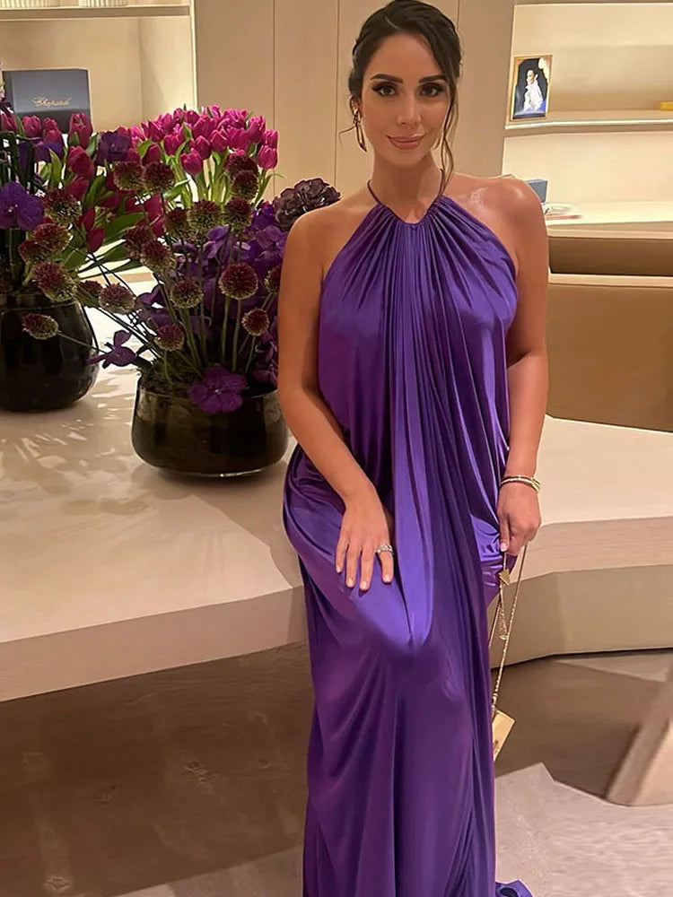 Weird Puss Elegant Ruched Halter Maxi Dress