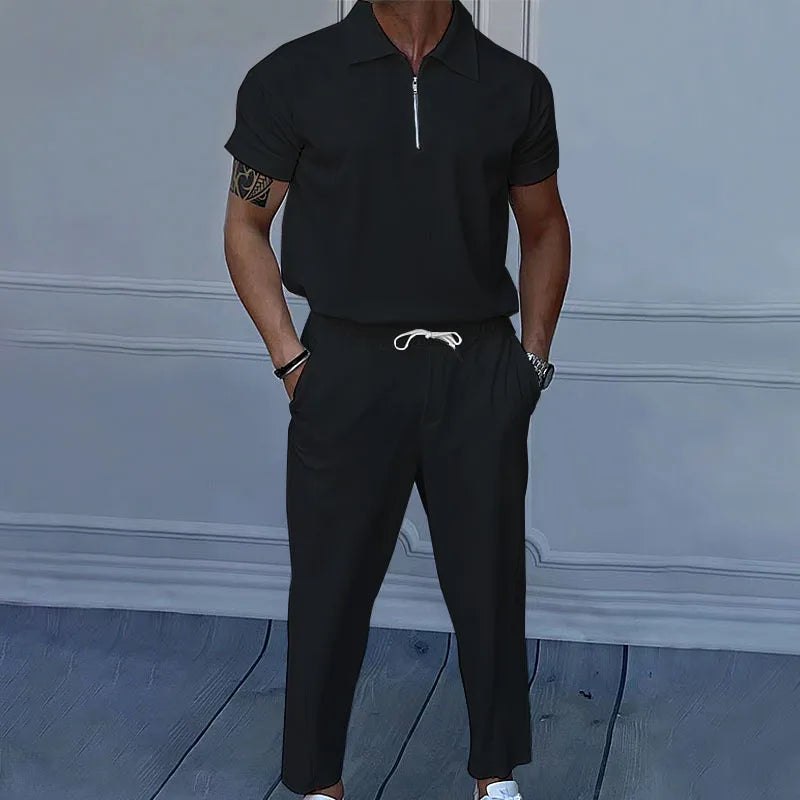 Solid Lapel Short Sleeve Zipper Suit