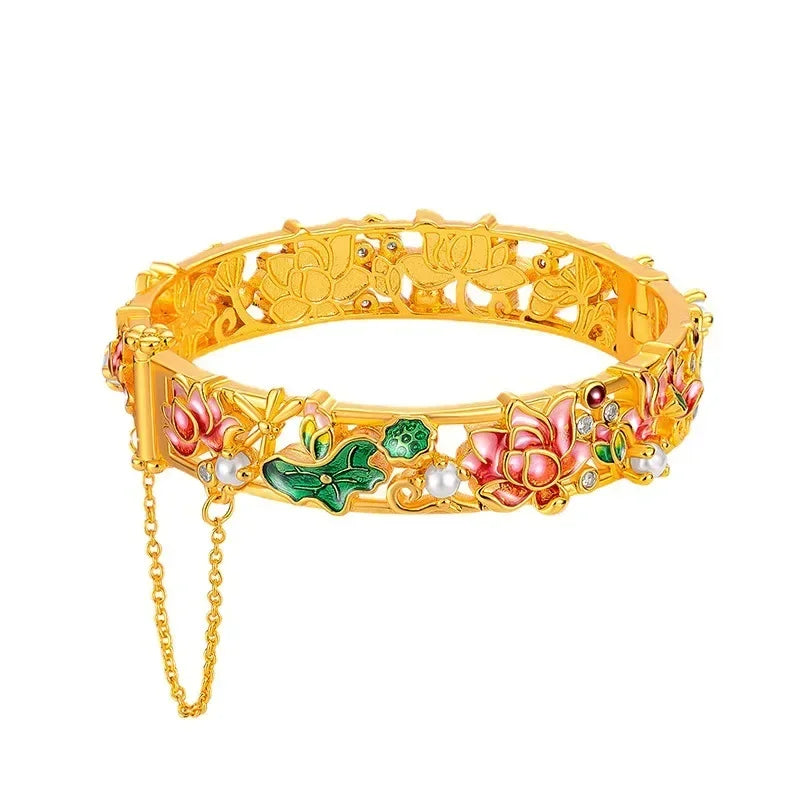 18K Gold Antique Enamel Orchid Bracelet