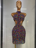 Colorful Rhinestone Cut-Out Backless Bodycon Mini Dress