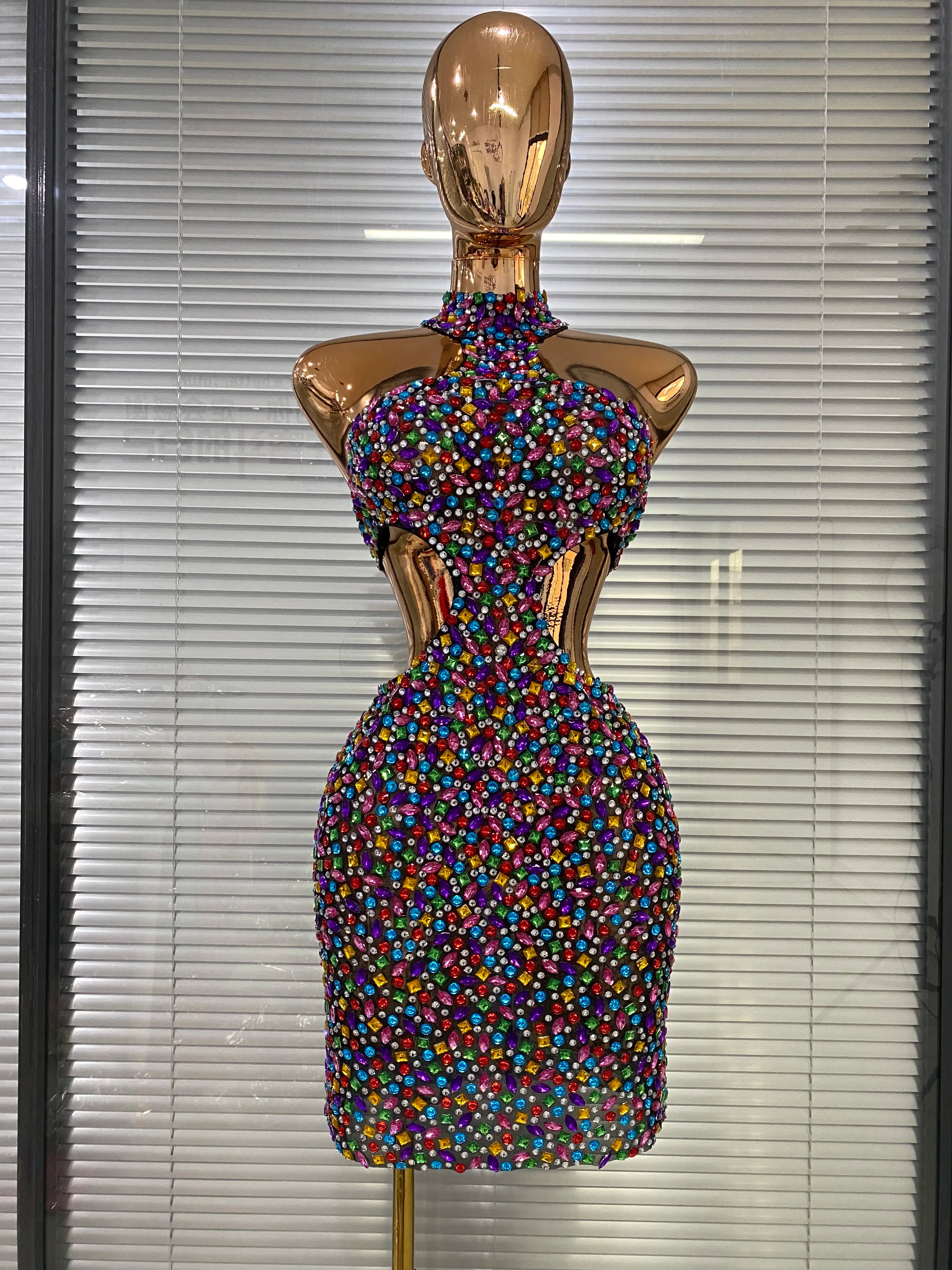 Colorful Rhinestone Cut-Out Backless Bodycon Mini Dress