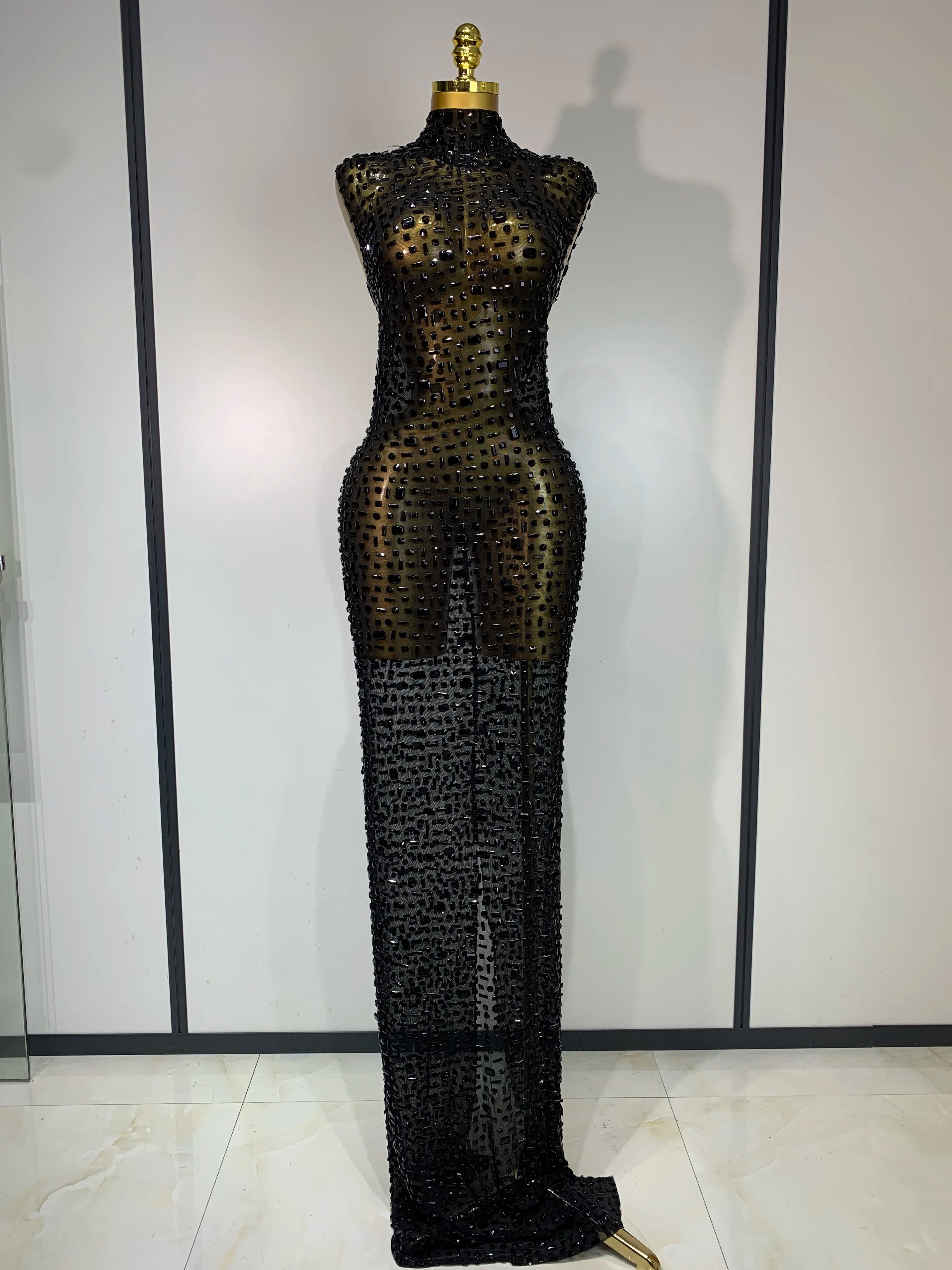 Sparkly Gold Rhinestone Sleeveless Mesh Long Dress