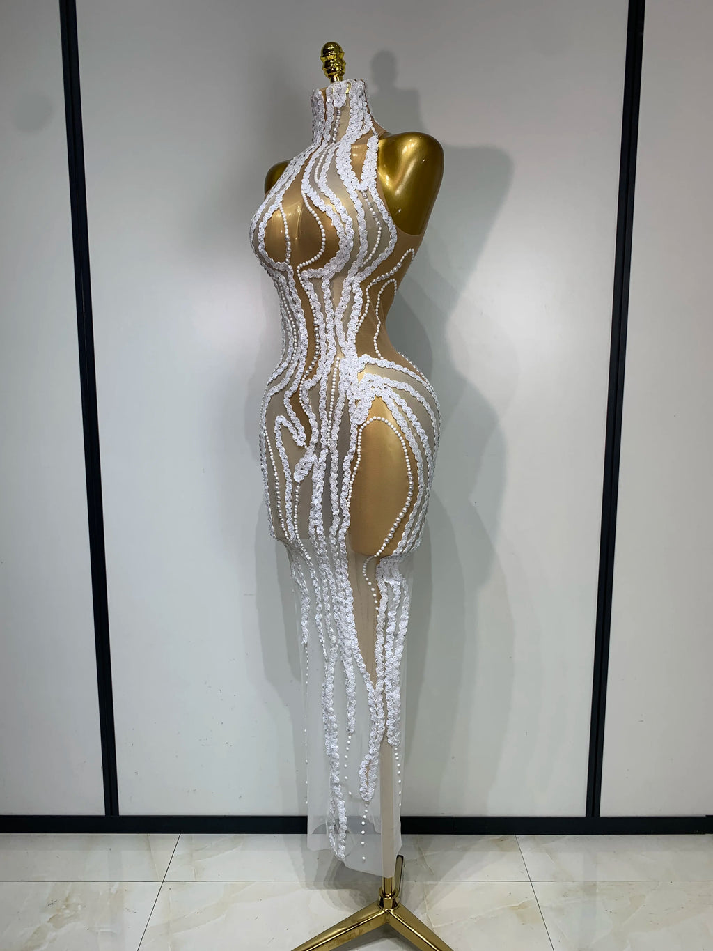 Luxury Pearl & Sequins Transparent Long Dress