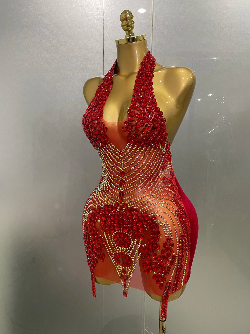 Sexy Red Rhinestone Halter Backless Velour Mini Dress – Women’s Party & Stagewear