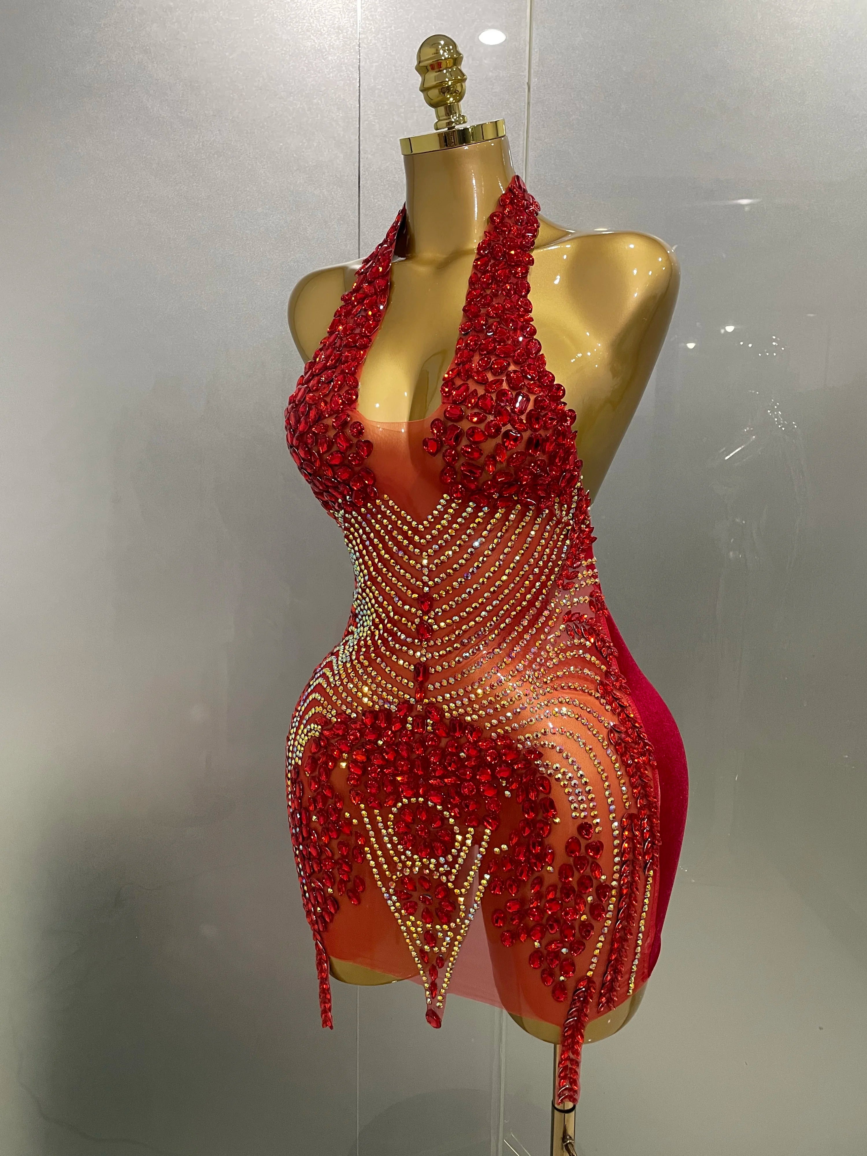 Sexy Red Rhinestone Halter Backless Velour Mini Dress – Women’s Party & Stagewear