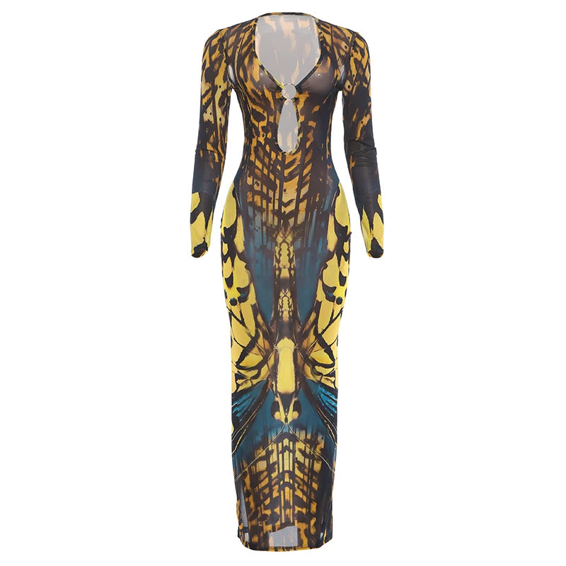 Butterfly Print See-Through Bodycon Dress