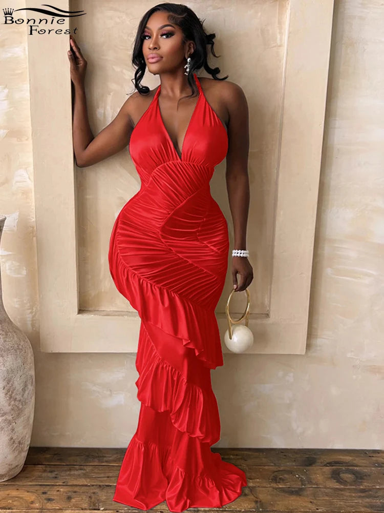 Halter V-Neck Ruched Mermaid Maxi Dress