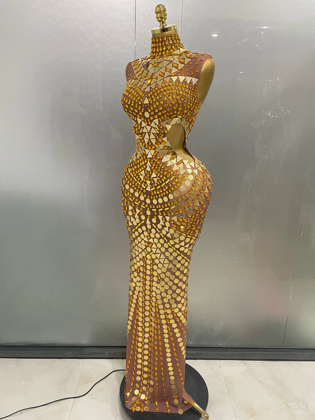 Luxury Rhinestone Mirror Hollow-Out Long Dress – Women’s Evening & Prom Gown