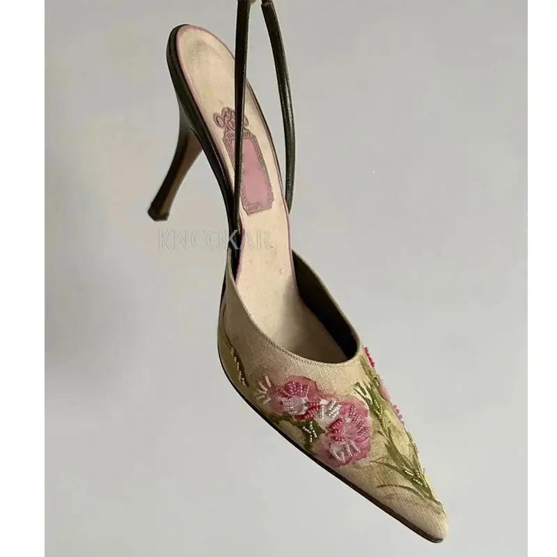 KNCOKAR Embroidered Pointed Toe Thin High Heel Pumps