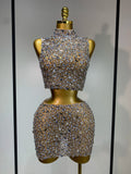 Sparkly Rhinestone Backless Top & Skirt Set
