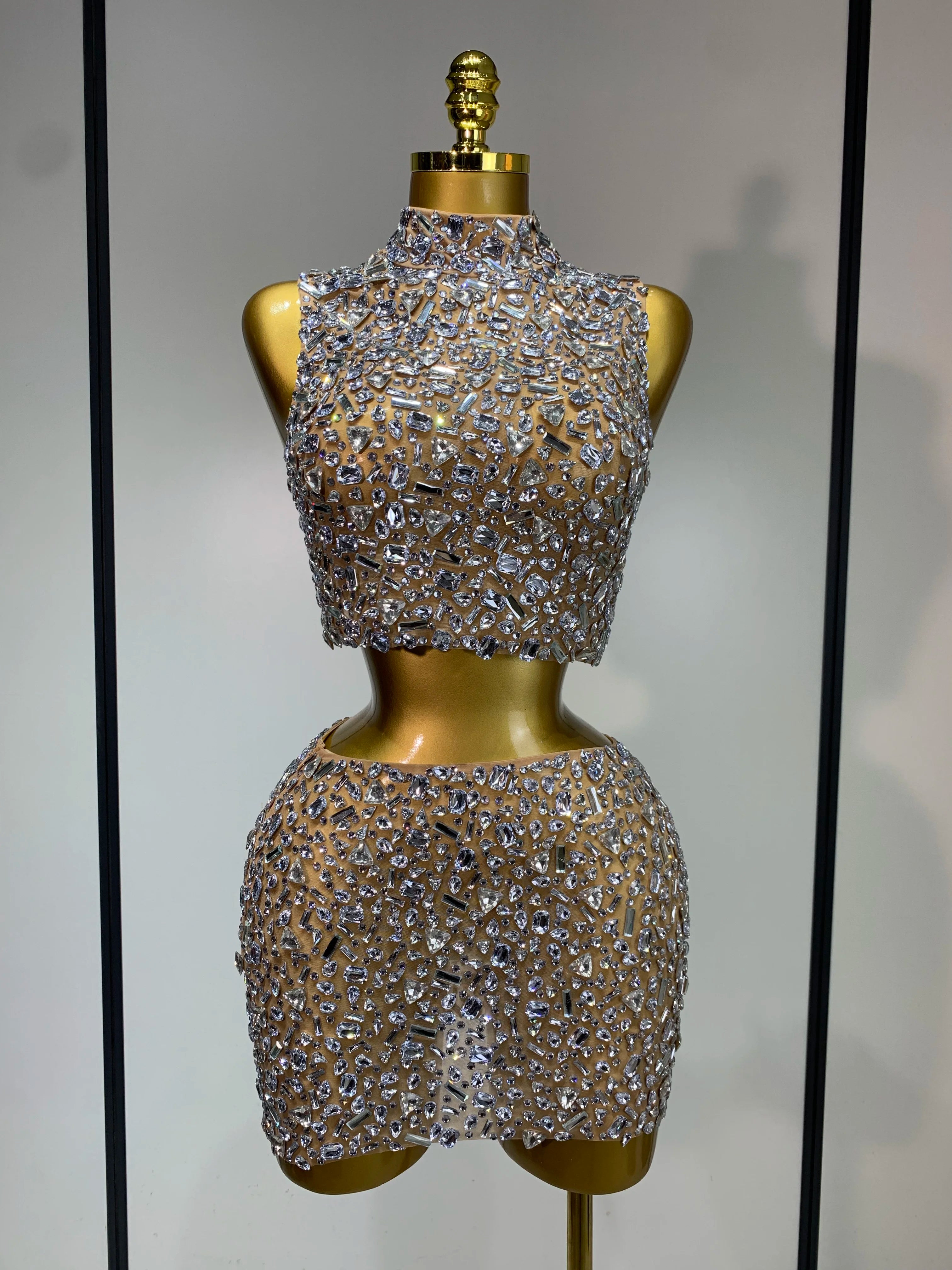 Sparkly Rhinestone Backless Top & Skirt Set