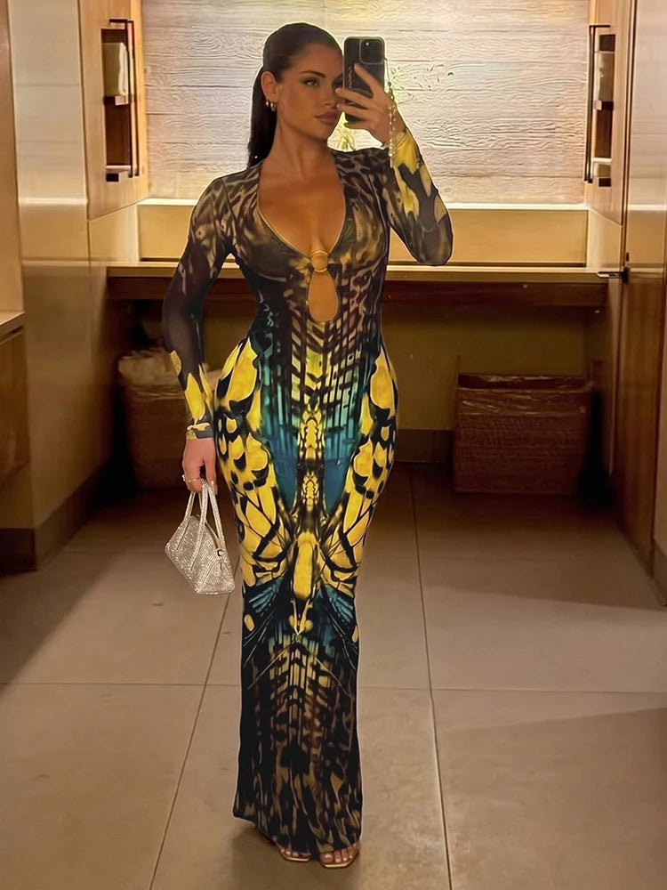 Butterfly Print See-Through Bodycon Dress